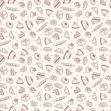 Güzel pasta ve ekmek karalamalarıyla komik el çizimi pastane kusursuz desen, baskı, kumaş, duvar kağıtları - vektör tasarımı