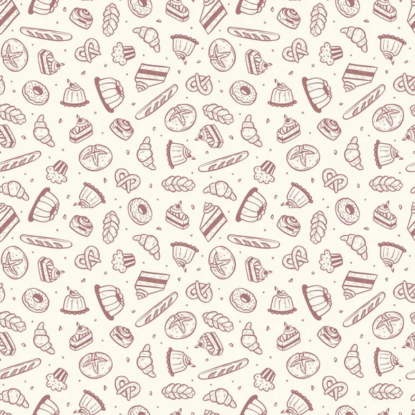 Güzel pasta ve ekmek karalamalarıyla komik el çizimi pastane kusursuz desen, baskı, kumaş, duvar kağıtları - vektör tasarımı