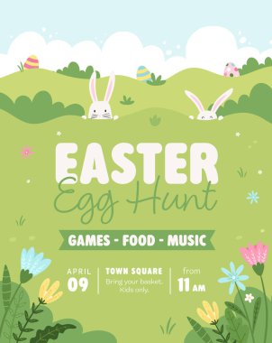 Eğlenceli bir el, tavşanlı Paskalya Yumurtası Avı tasarımları, Paskalya yumurtaları ve çiçekler - davetiyeler, afişler, posterler, el ilanları - vektör tasarımı -