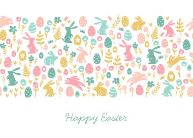 Paskalya arkaplanı şirin tavşanlar, paskalya yumurtaları, çiçekler - yatay dikişsiz, baskılar için harika, duvar kağıtları, tekstil, vektör tasarımı