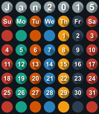 Takvimi Ocak 2015 düz numaraları ve uzun gölgeler - vektör çizim ile