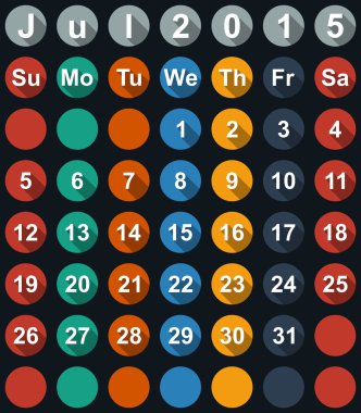 Takvim Temmuz 2015 düz numaraları ve uzun gölgeler - vektör çizim ile