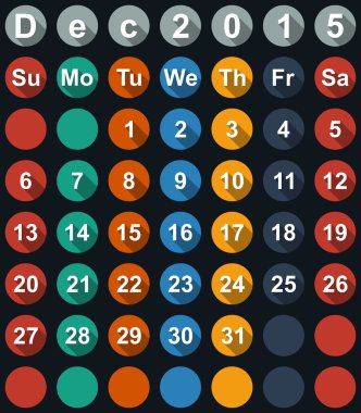 Takvim Aralık 2015 düz numaraları ve uzun gölgeler - vektör çizim ile