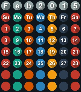 Takvim Şubat 2015 düz numaraları ve uzun gölgeler - vektör çizim ile