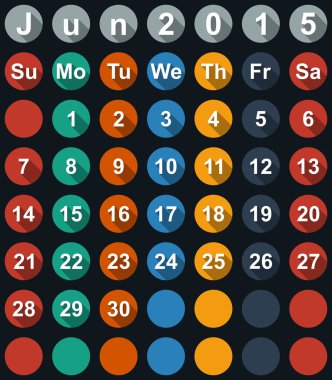 Takvim Haziran 2015 düz numaraları ve uzun gölgeler - vektör çizim ile