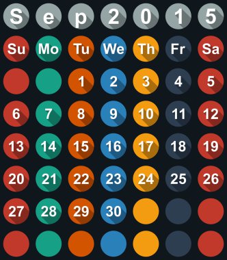 Takvim Eylül 2015 düz numaraları ve uzun gölgeler - vektör çizim ile