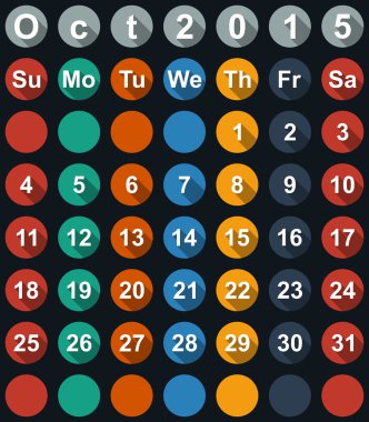 Takvim Ekim 2015 düz numaraları ve uzun gölgeler - vektör çizim ile