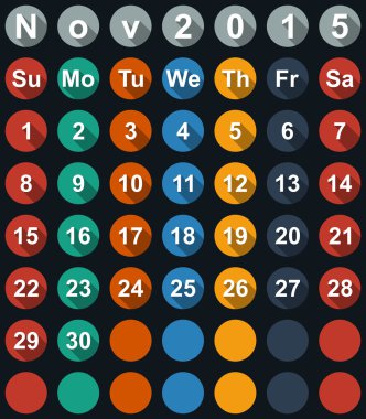 Takvim Kasım 2015 düz numaraları ve uzun gölgeler - vektör çizim ile