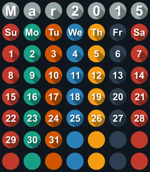 Calendario Marzo 2015 con numeri piatti e ombre lunghe - illustrazione vettoriale — Vettoriale Stock