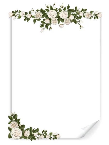 Λευκή κατακόρυφη χαρτί φύλλο διακοσμημένα τριαντάφυλλα — Διανυσματικό Αρχείο