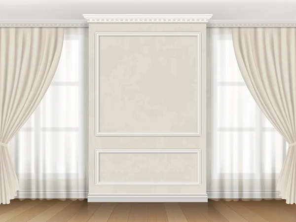 Classic interior with panel moldings and windows curtains — Stock Vector