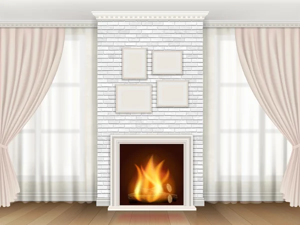 Interior clásico con chimenea y cortinas de ventanas — Vector de stock