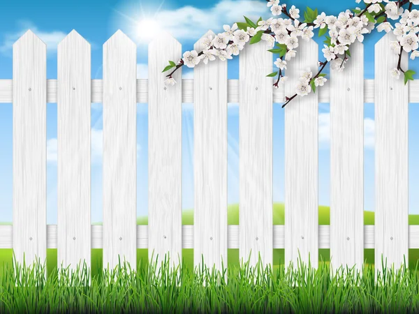 Wooden fence spring tree grass — Stock Vector