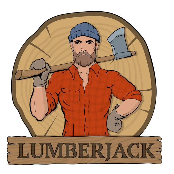 Lumberjeck on cut down tree wooden background — Stock Vector