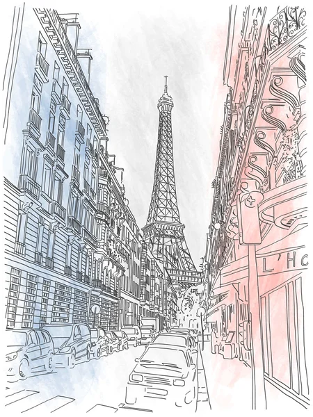 Calle de París y Torre Eiffel — Vector de stock