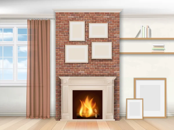 Intérieur avec cheminée et fenêtre — Image vectorielle