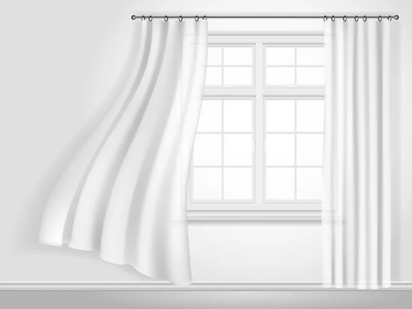 カーテンと窓を舞う — ストックベクタ
