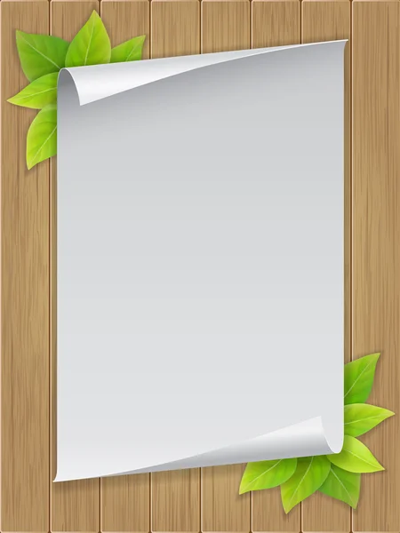 Paper sheet and green leaves on wooden background — Stock Vector