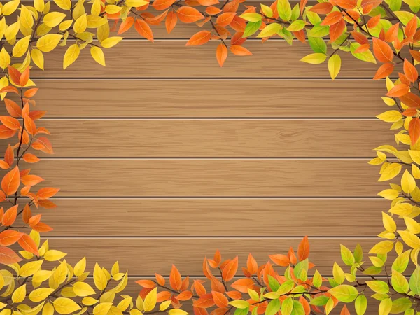 Marco de hojas de otoño sobre fondo de madera — Vector de stock