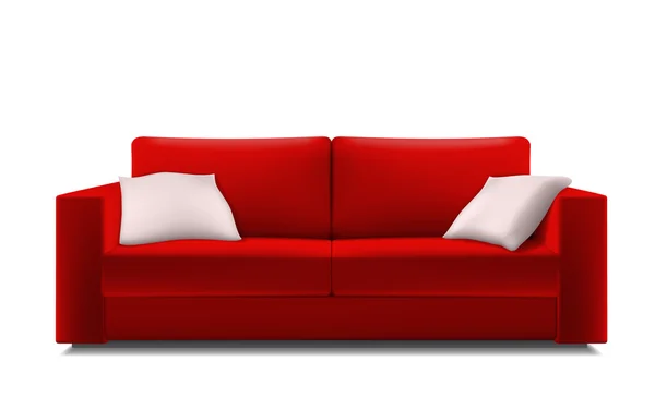 Sofá rojo con almohadas blancas — Vector de stock