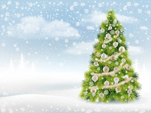 Fondo Invierno Con Árbol Navidad Decorado Copos Nieve Deriva Nieve — Archivo Imágenes Vectoriales