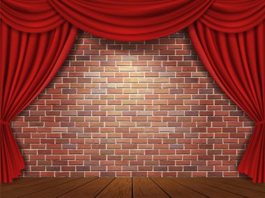 Red curtains on brick wall background clipart