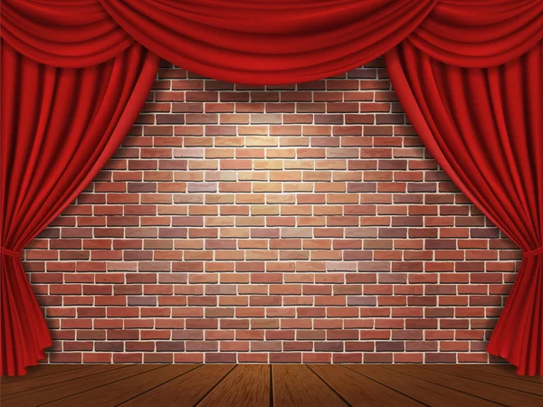 Red curtains on brick wall background — Stock Vector