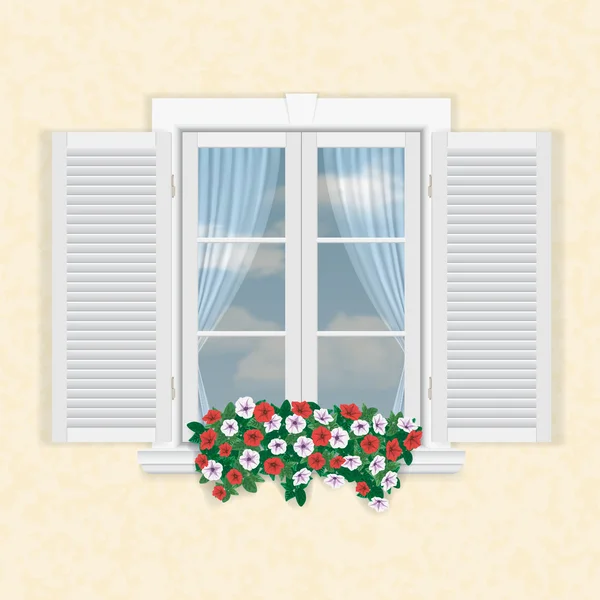 Wit venster met shutters en bloemen — Stockvector