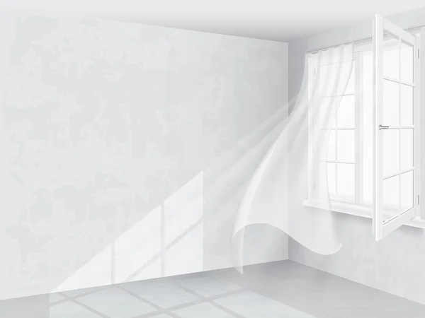 Ventana y cortinas en interior brillante — Vector de stock