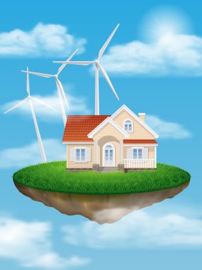 House with wind turbines on a floating island clipart