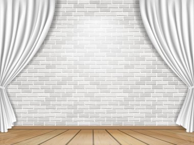 beyaz perde ve tuğla duvar arka plan