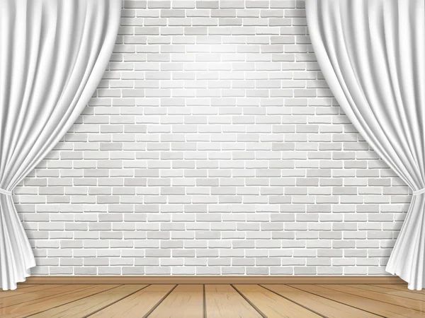 Cortinas blancas y fondo de pared de ladrillo — Vector de stock