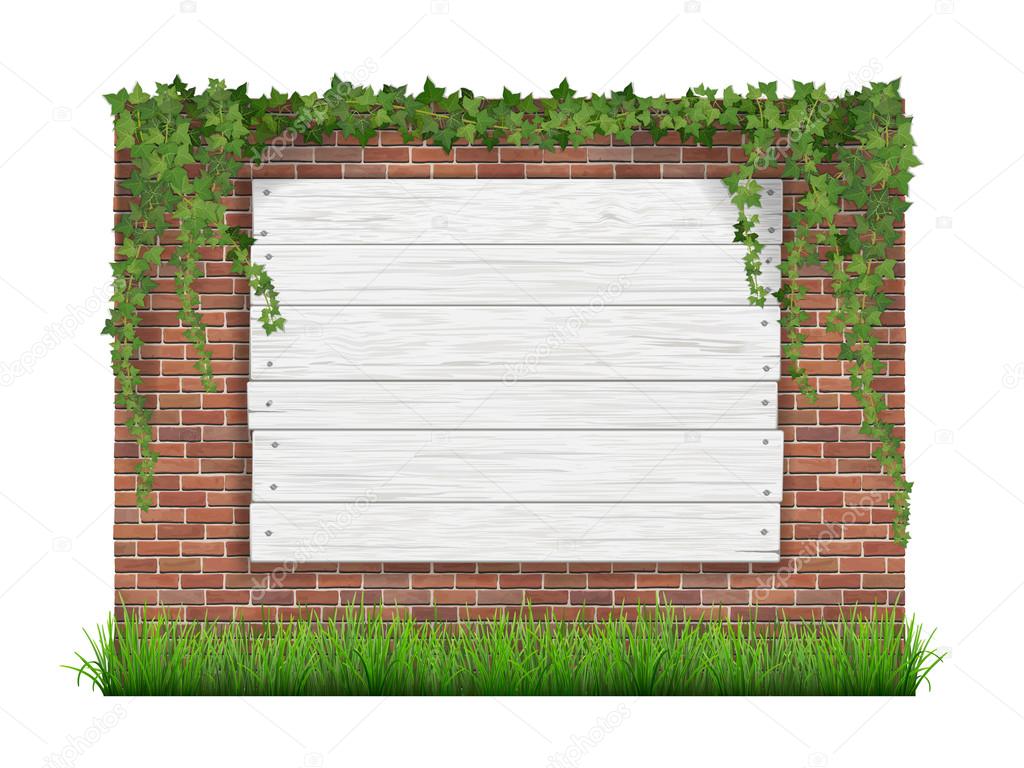 Wooden sign on a old brick wall background with green grass and 