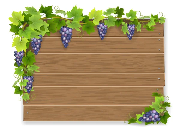 Rama de uvas en el signo de madera — Vector de stock