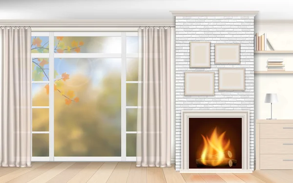 Interior con chimenea de ladrillo blanco — Vector de stock