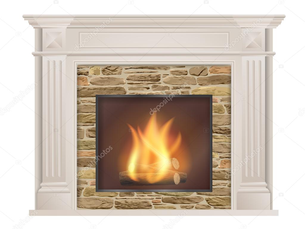 Classic fireplace with natural stone and furnace