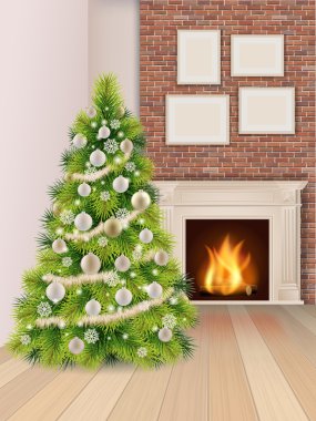 Noel ağacı ve şömine ile Noel iç