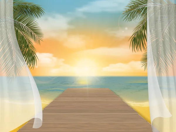 Utsikt över havet stranden på solnedgången och brygga. — Stock vektor