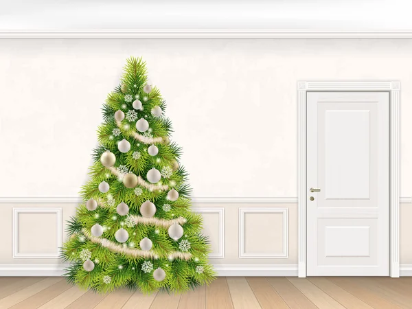 Classic interior with christmas tree and door — Stock Vector