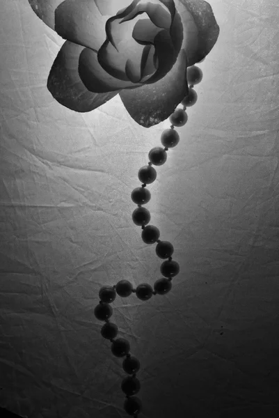 Săpun trandafir și colier perlă pe fundal alb în alb și negru — Fotografie, imagine de stoc