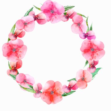 Pembe çiçekler ve yeşil yapraklardan oluşan bir çelenk. Düğün baskısı, illüstrasyon, kitaplar, kartlar için suluboya çizim.