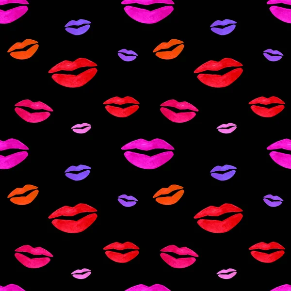 Seamless Pattern Watercolor Drawings Hand Drawn Kisses Black Background Wrapping — Stock Photo, Image