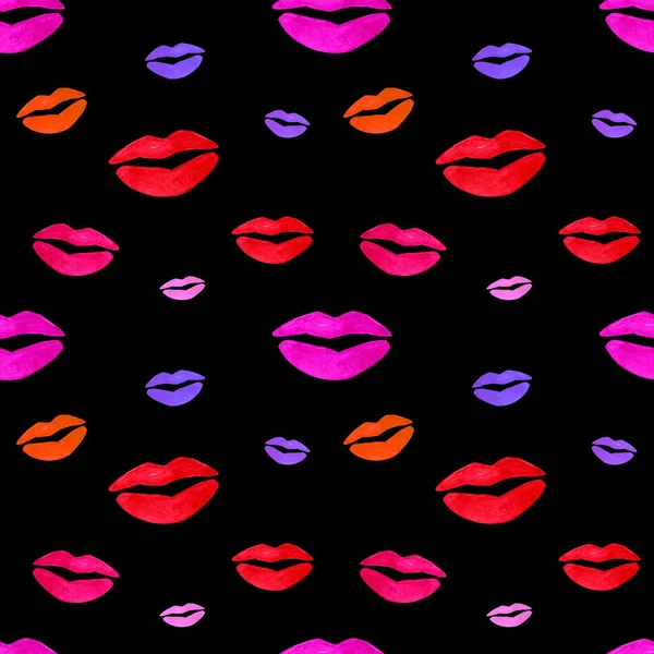 seamless pattern with watercolor drawings. Hand-drawn kisses on a black background. For wrapping paper, fabric, tableware, textiles, printing for Valentine's Day.
