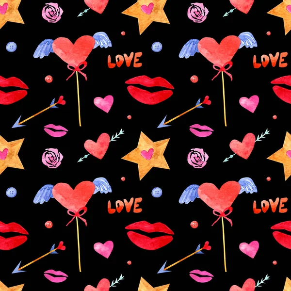 Seamless Pattern Watercolor Drawings Hand Drawn Kisses Hearts Stars Lettering — Stock Photo, Image