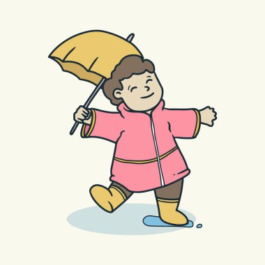 Yağmurlu bir günde oynayan çocuklar, vektör illüstrasyonu 