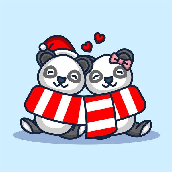 Aranyos Pár Panda Karácsony Vektor Illusztráció — Stock Vector