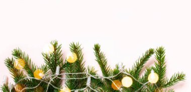 Noel ağacının dalları ve Noel ışıkları, bokeh. Pembe bir arka planda.