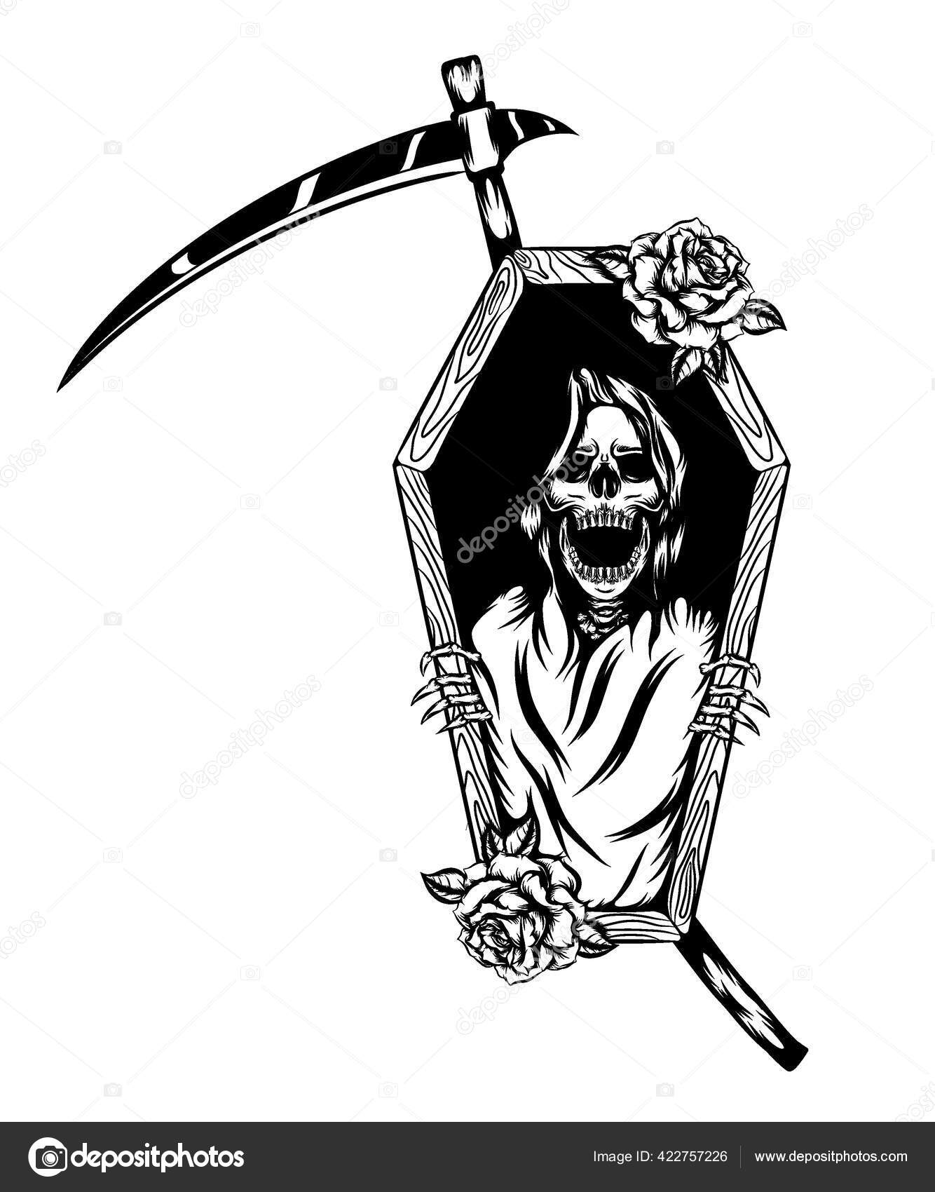 an illustration of grim reaper, full body, relaxing in