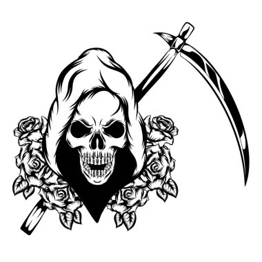 The tattoo animation of the grim head with flowers and the scythe at the back of his head