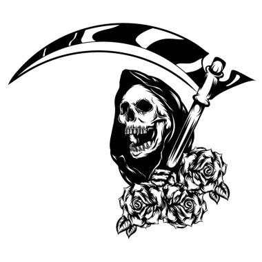The tattoo animation of the grim reaper with the beautiful flowers as the border